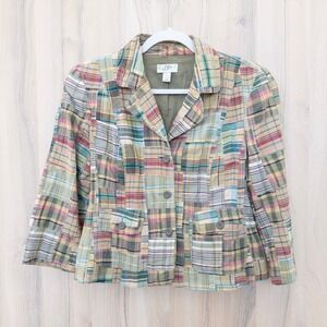 Loft Womens Patchwork Plaid Blazer Jacket Size 6‎ Multicolor Cropped Boho Indie